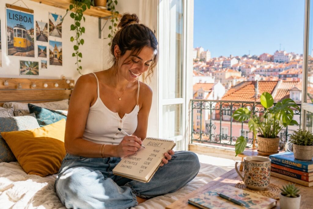 Jeune femme note son budget dans une chambre lumineuse avec vue sur Lisbonne