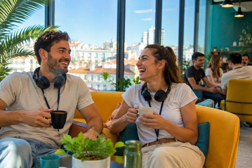 Deux jeunes collegues avec casques audio rient pendant une pause a Lisbonne