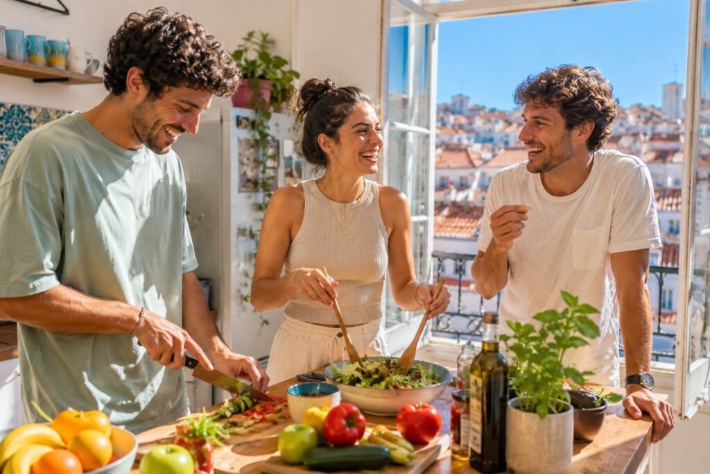 Trois jeunes colocataires cuisinent en riant dans une cuisine lumineuse a Lisbonne