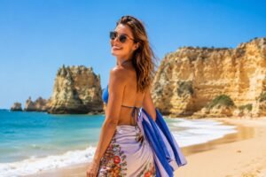 Jeune femme souriante sur une plage ensoleillee du Portugal, falaises dorees et ocean turquoise
