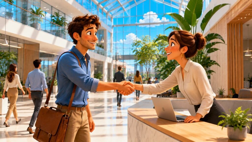 Jeune femme souriante signe son contrat de travail dans un bureau lumineux a Lisbonne