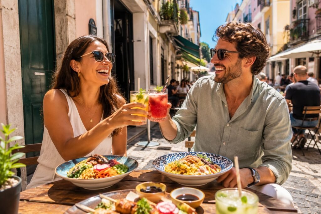 Deux jeunes attables en terrasse ensoleillee a Lisbonne avec des plats colores