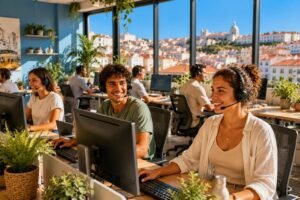 Jeunes conseillers souriants avec casques dans un open space lumineux a Lisbonne