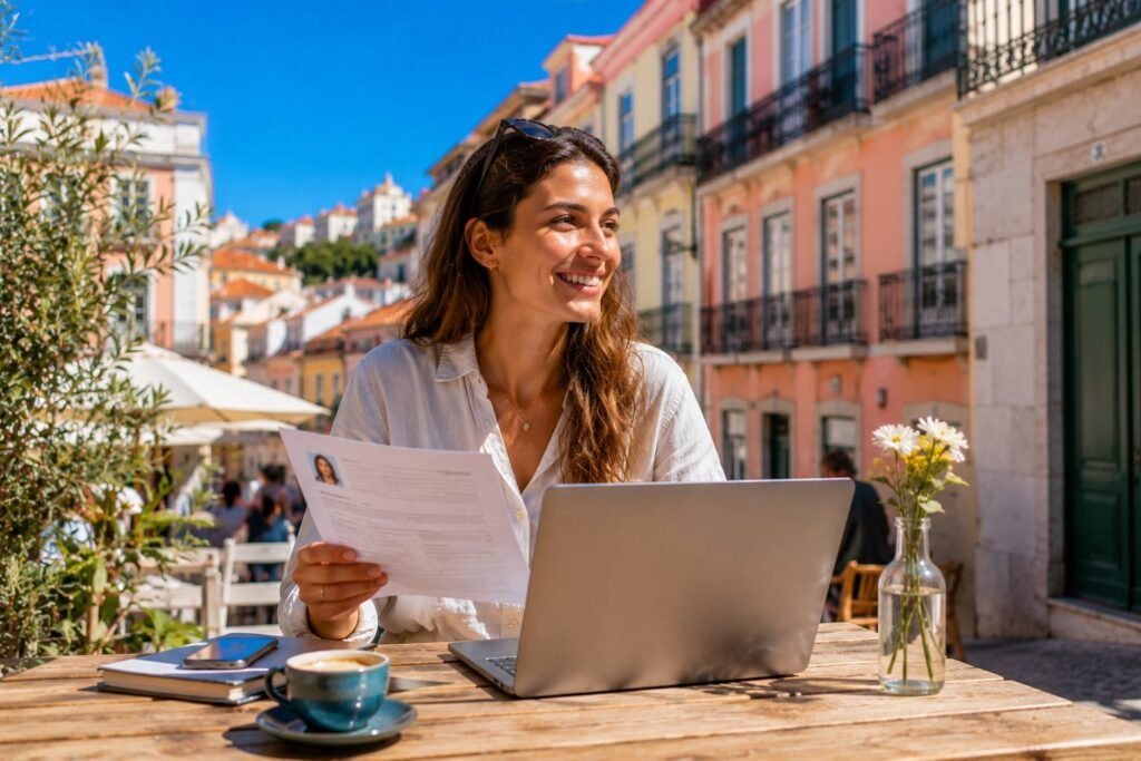 Jeune femme souriante avec son CV et un ordinateur portable en terrasse a Lisbonne