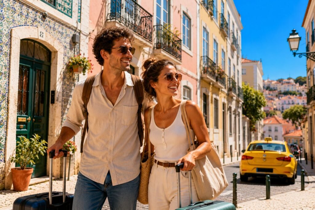 Jeune couple souriant avec valises devant un immeuble pastel de Lisbonne