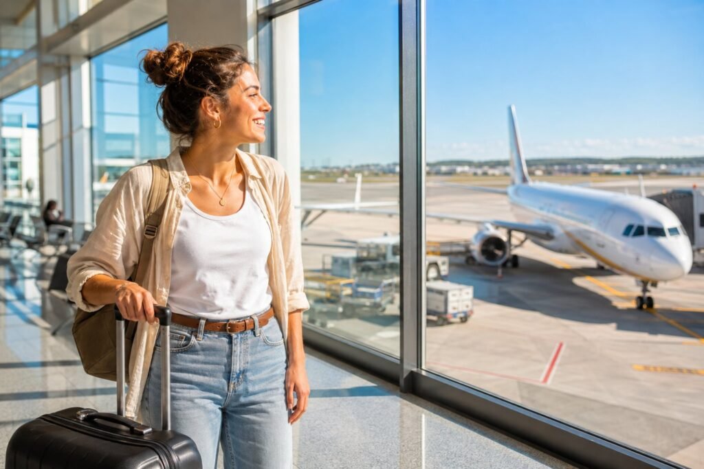 Jeune femme souriante avec sa valise a l'aeroport devant un avion au soleil