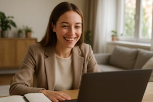Entretien en visio pour un job au Portugal : jeune candidate souriante devant son ordinateur portable