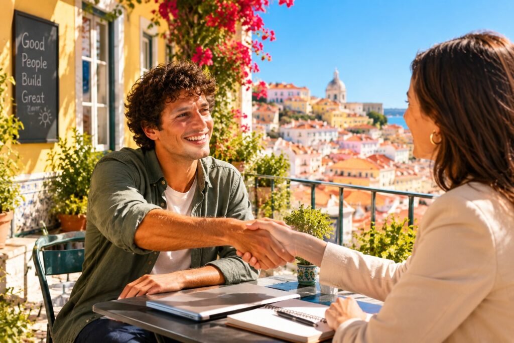 Jeune candidat souriant serrant la main d'une recruteuse en terrasse a Lisbonne