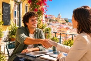 Jeune candidat souriant serrant la main d'une recruteuse en terrasse a Lisbonne