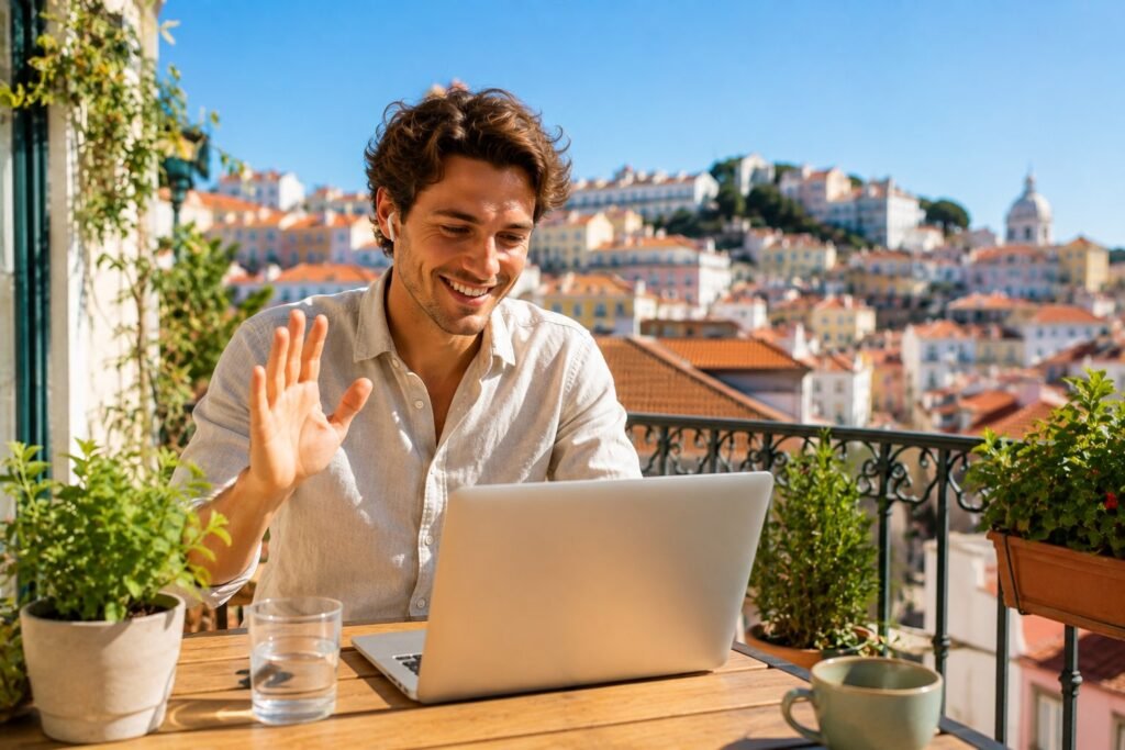 Jeune homme souriant en appel video sur un balcon ensoleille avec vue sur Lisbonne