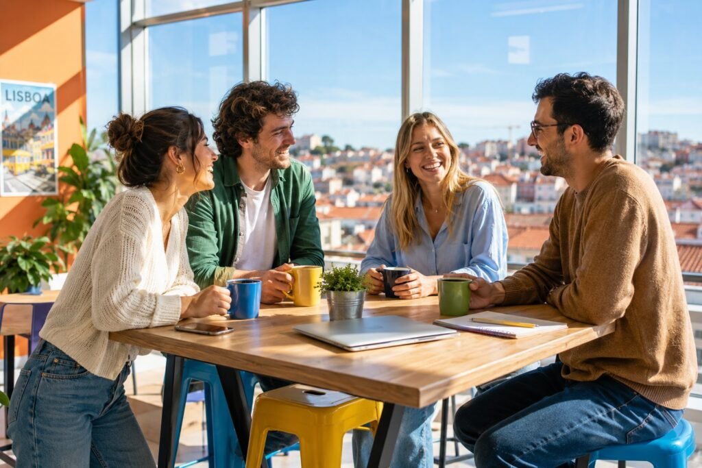 Jeunes collegues internationaux souriants dans un espace de travail lumineux a Lisbonne