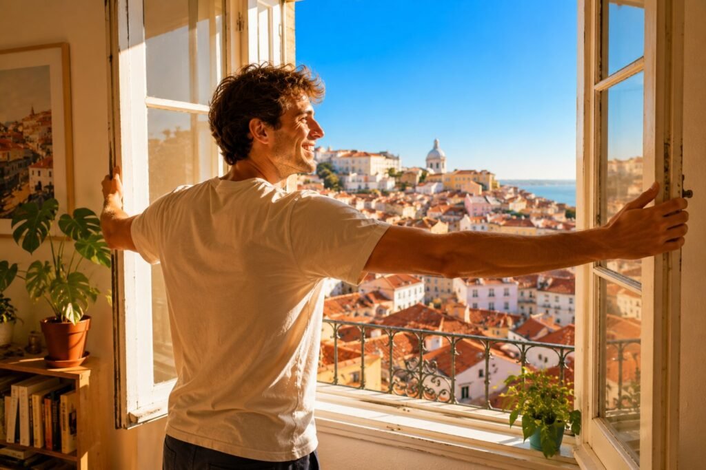 Jeune homme souriant ouvrant les volets sur les toits de Lisbonne au matin