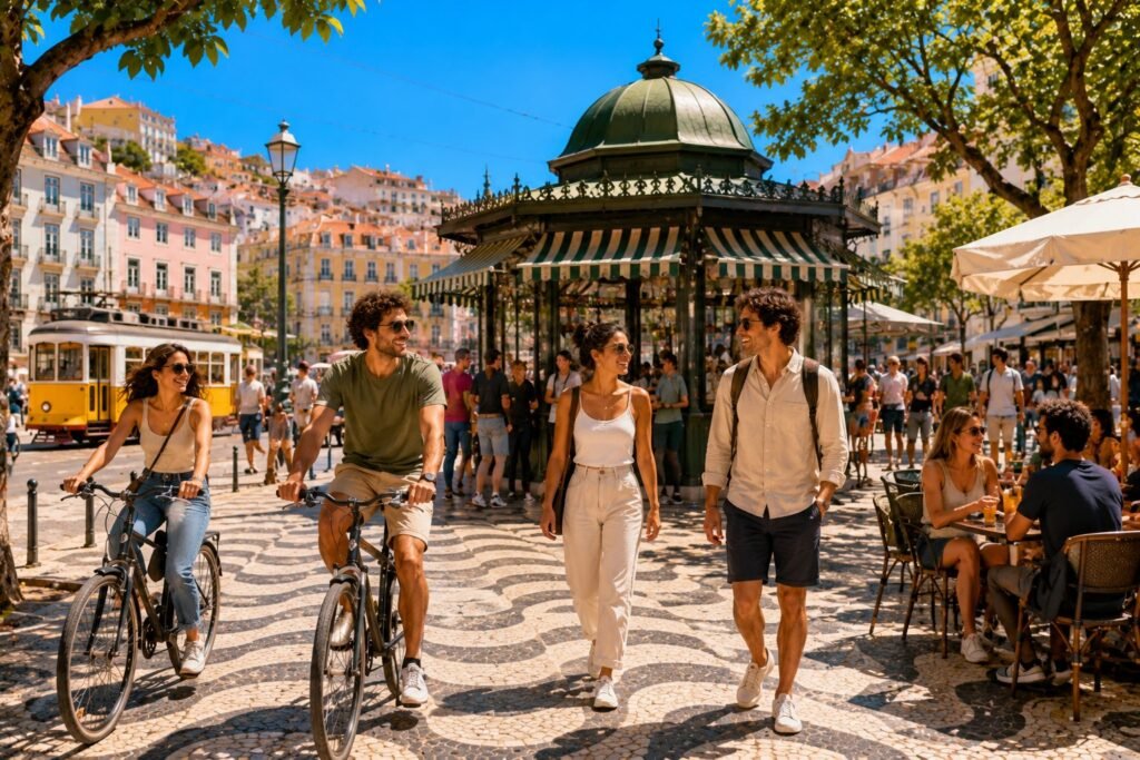 Junge Leute mit Fahrraedern auf einem sonnigen Platz in Lissabon mit Kiosk