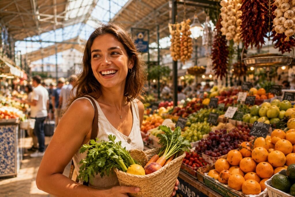 Jeune femme souriante au marche couvert de Lisbonne avec un panier de fruits colores