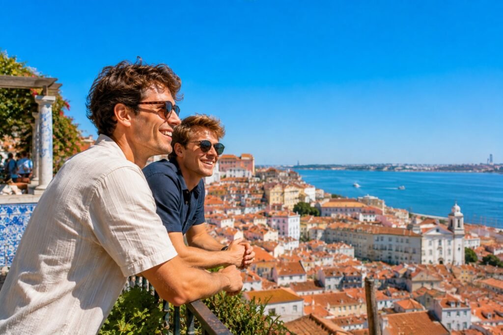 Deux jeunes amis au miradouro avec vue panoramique sur Lisbonne et le Tage