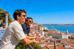 Deux jeunes amis au miradouro avec vue panoramique sur Lisbonne et le Tage