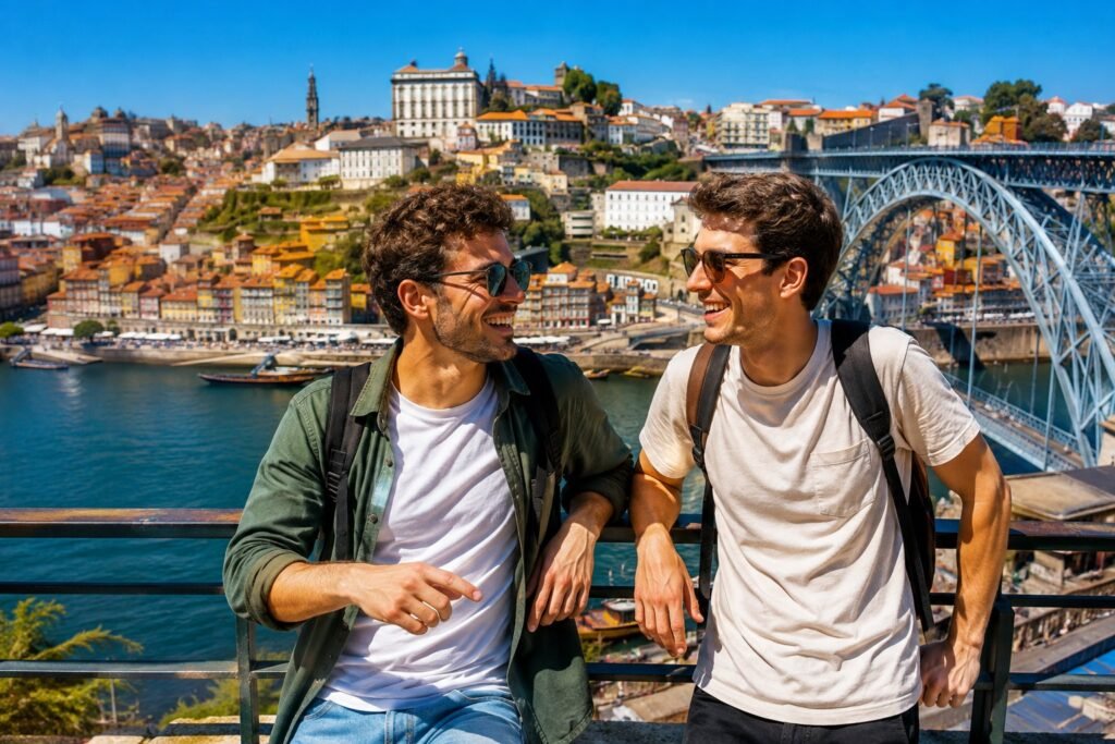 Deux jeunes amis devant la Ribeira et le pont Dom Luis a Porto