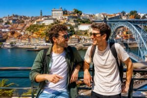 Deux jeunes amis devant la Ribeira et le pont Dom Luis a Porto