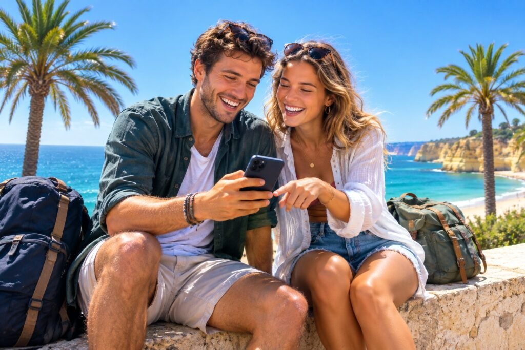Deux jeunes voyageurs souriants choisissent leur destination face a l'ocean