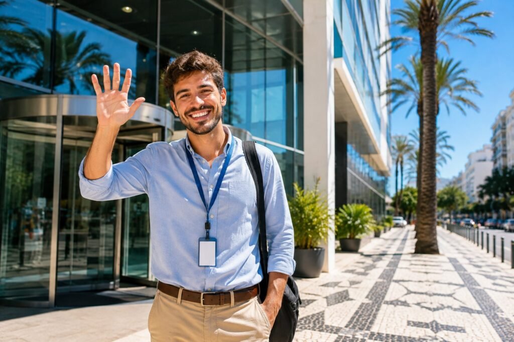 Jeune homme souriant avec son badge devant un immeuble de bureaux a Lisbonne