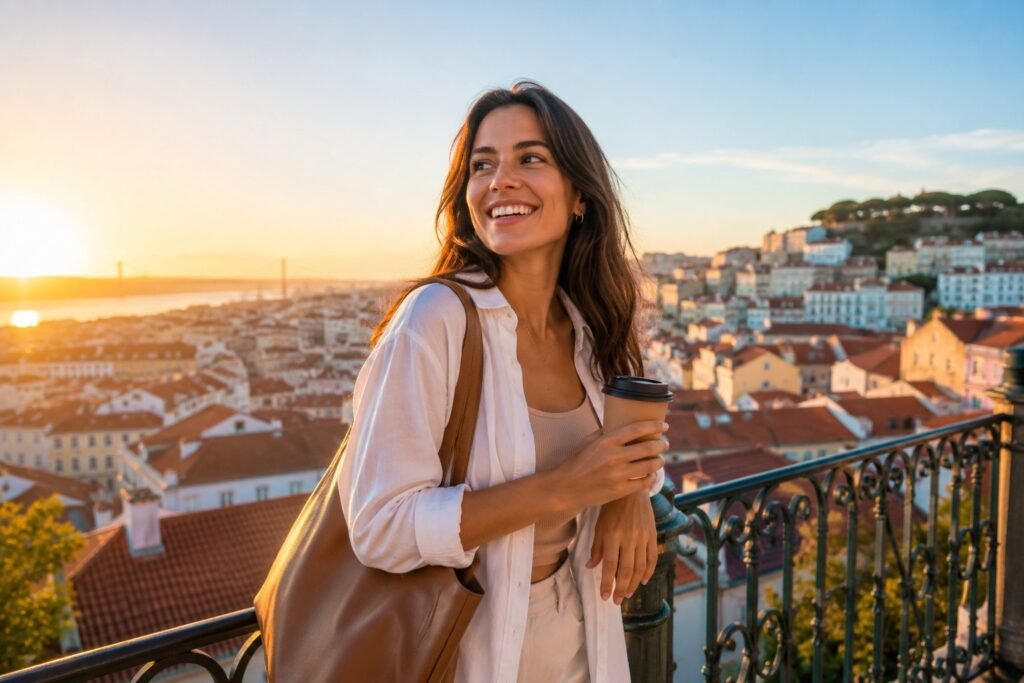 Jeune femme avec un cafe au belvedere de Lisbonne au lever du soleil