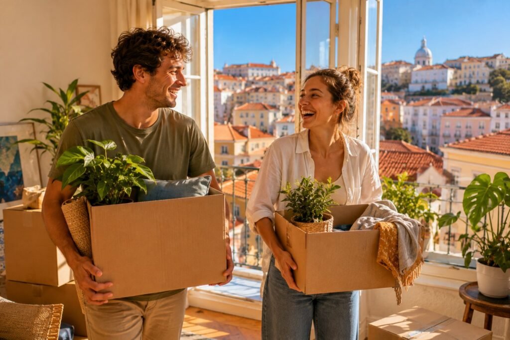 Deux jeunes souriants portant des cartons dans un appartement lumineux avec vue sur Lisbonne