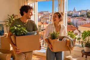 Deux jeunes souriants portant des cartons dans un appartement lumineux avec vue sur Lisbonne