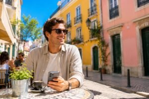 Jeune homme souriant en terrasse de cafe a Lisbonne au soleil