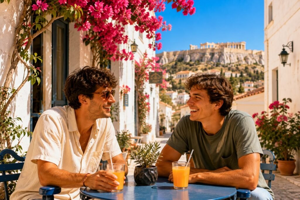 Deux jeunes amis souriants en terrasse a Athenes, ruelle blanche et bougainvilliers