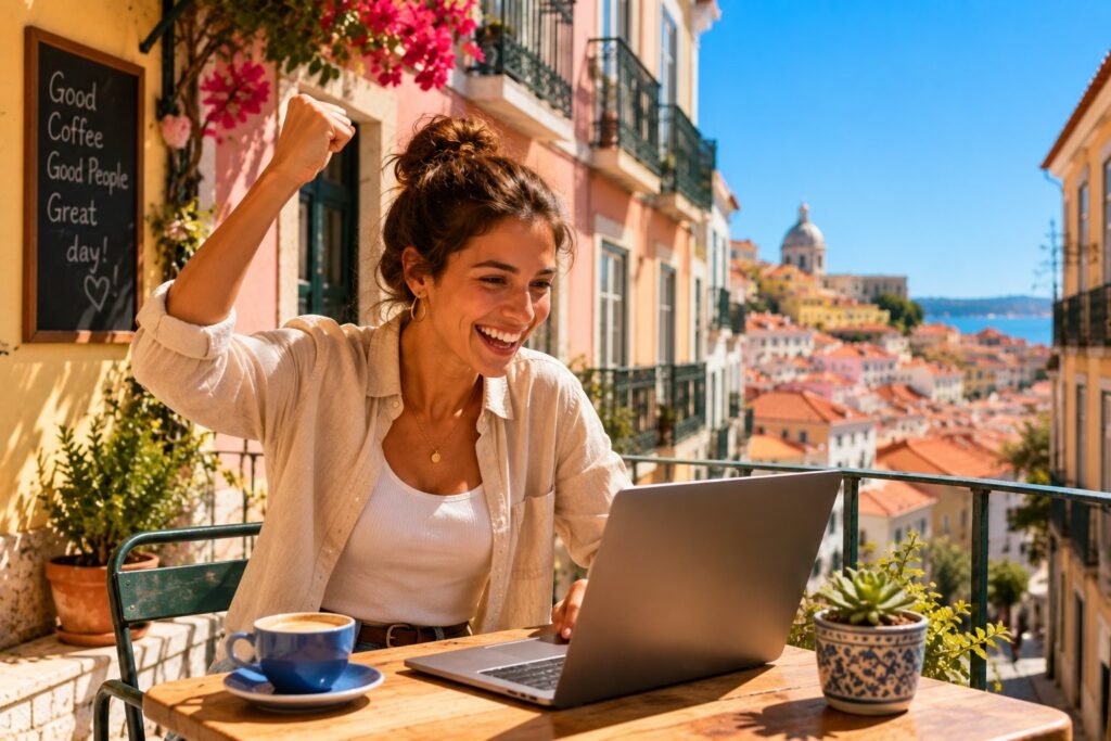 Jeune femme joyeuse celebrant une bonne nouvelle devant son laptop en terrasse a Lisbonne