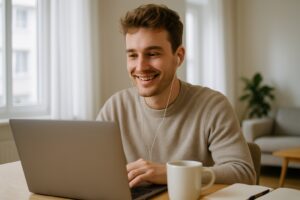 Video interview for a job in Portugal: young candidate smiling in front of his laptop