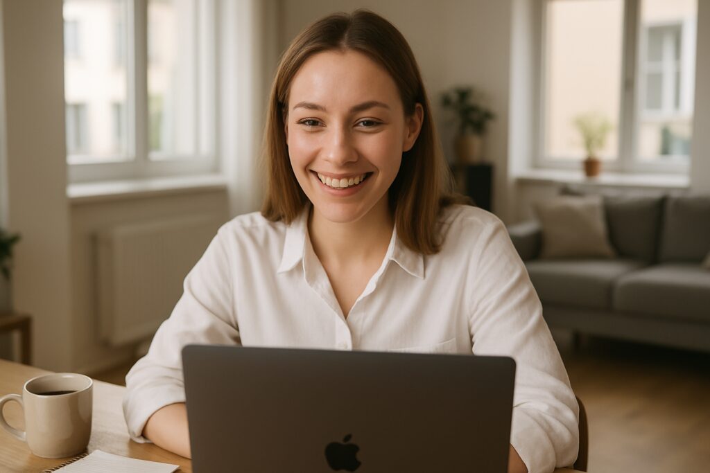 Videointerview für einen Job in Portugal: junge Bewerberin lächelnd vor ihrem Laptop