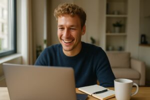 Videosollicitatie voor een baan in Portugal: jonge kandidaat lachend achter zijn laptop