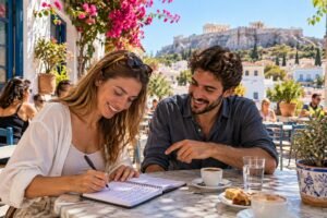 Jeune femme apprenant l'alphabet grec en terrasse à Athènes, Acropole au fond