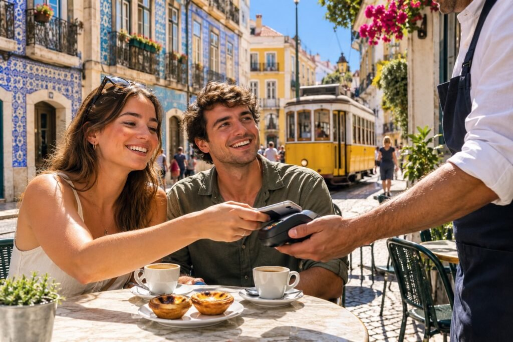 Jeunes expatriés souriants payant sans contact à la terrasse d'un café de Lisbonne