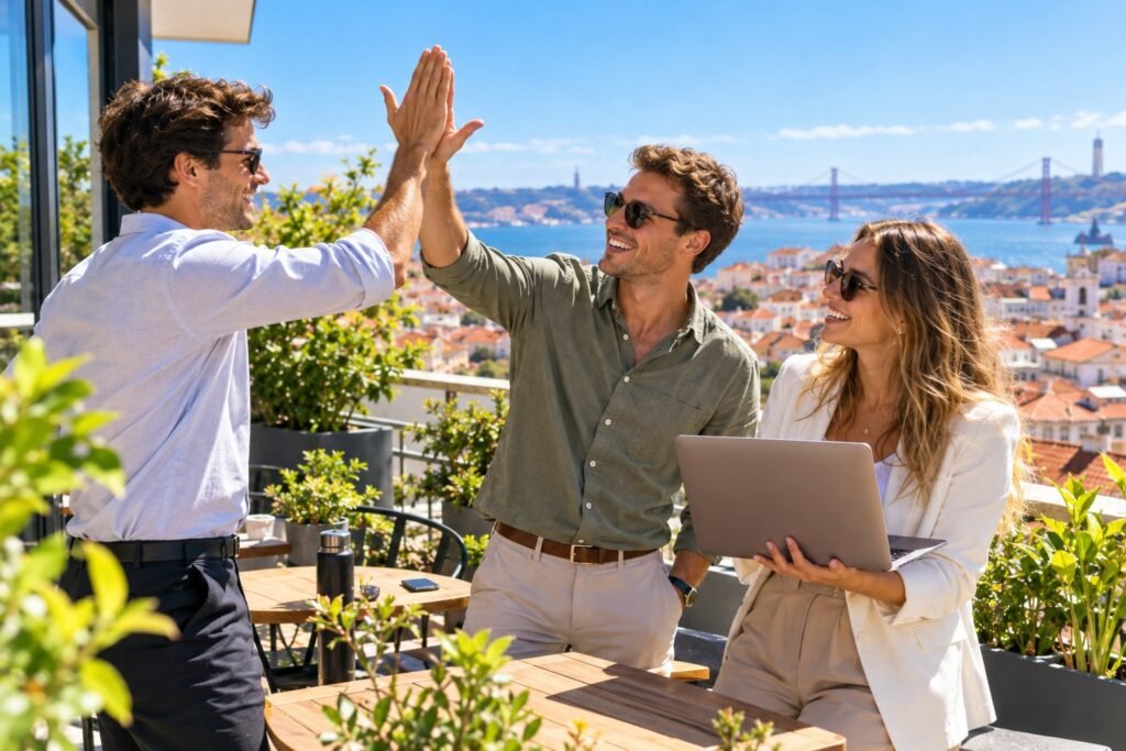 Jeunes collègues se tapant dans la main sur une terrasse de bureau à Lisbonne, expérience à l'étranger