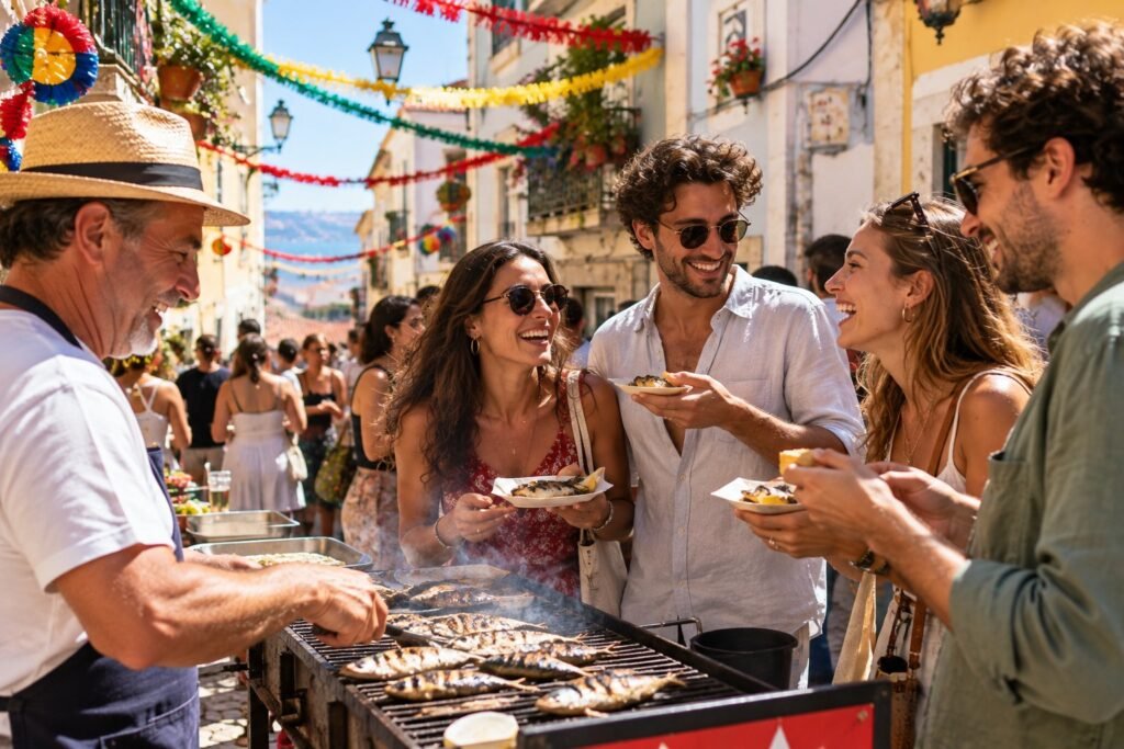 Jeunes à une fête de rue portugaise avec sardines grillées et guirlandes