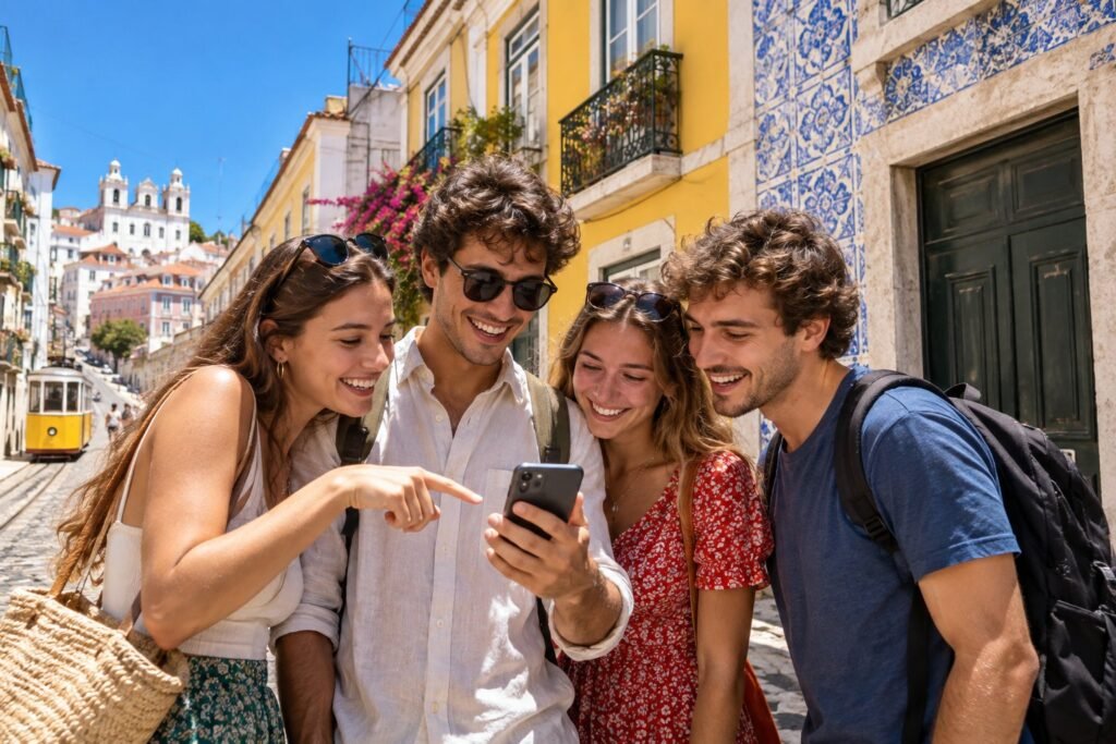 Jeunes expatries souriants comparant leur forfait mobile au Portugal dans une rue de Lisbonne