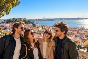 Jeunes expatries souriants au soleil, hiver au Portugal sur un belvedere de Lisbonne
