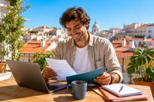 Jeune homme detendu classe ses documents administratifs en terrasse a Lisbonne
