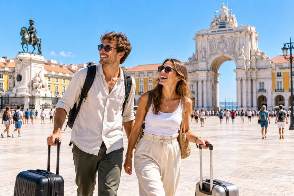 Jeune couple avec valises arrivant sur la Praça do Comércio à Lisbonne