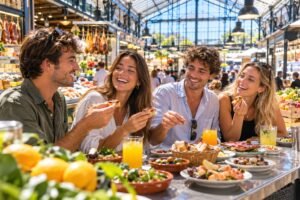 Jeunes amis partageant des petiscos dans un marché couvert de Lisbonne, manger à Lisbonne