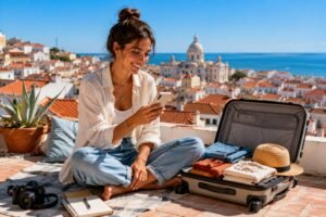 Jeune femme souriante prepare sa valise sur un rooftop ensoleille avec vue sur la mer