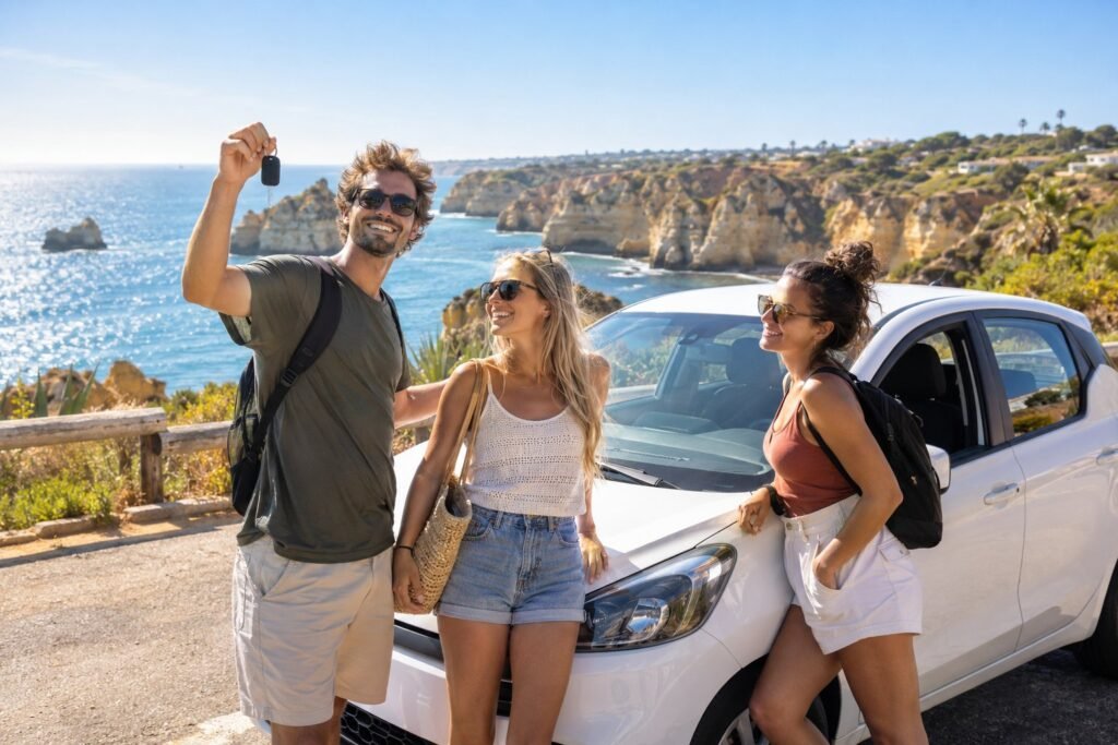 Trois jeunes europeens souriants avec les cles d une voiture de location sur la cote portugaise
