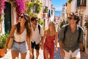Jeunes amis marchant dans une ruelle fleurie de l'Alfama à Lisbonne
