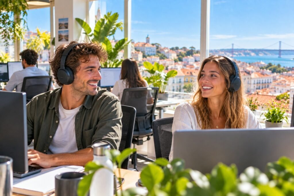 Jeunes collègues souriants avec casques dans un bureau lumineux à Lisbonne