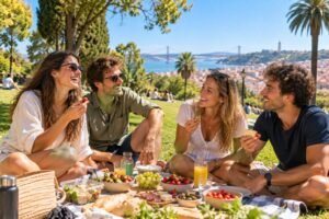 Jeunes collègues en pique-nique dans un jardin de Lisbonne au soleil