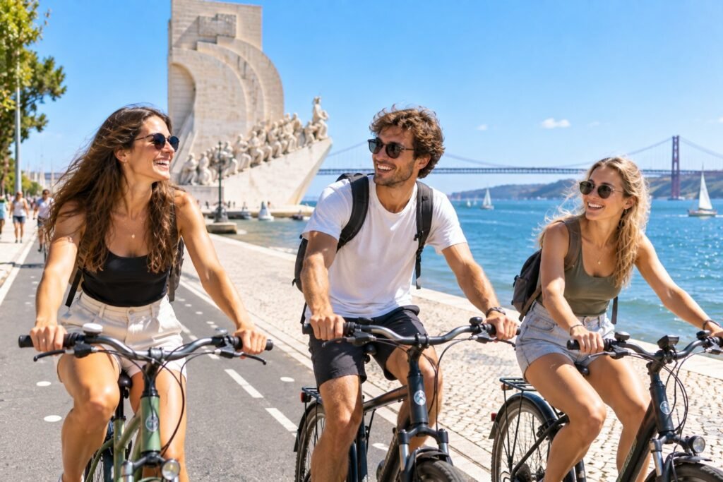Jeunes expatriés à vélo le long du Tage à Belém, Lisbonne