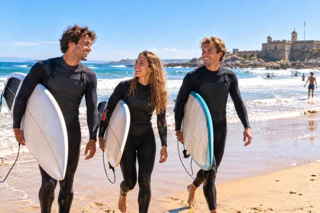 Jeunes surfeurs souriants sur la plage de Carcavelos près de Lisbonne, sport à Lisbonne