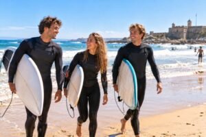 Jeunes surfeurs souriants sur la plage de Carcavelos près de Lisbonne, sport à Lisbonne